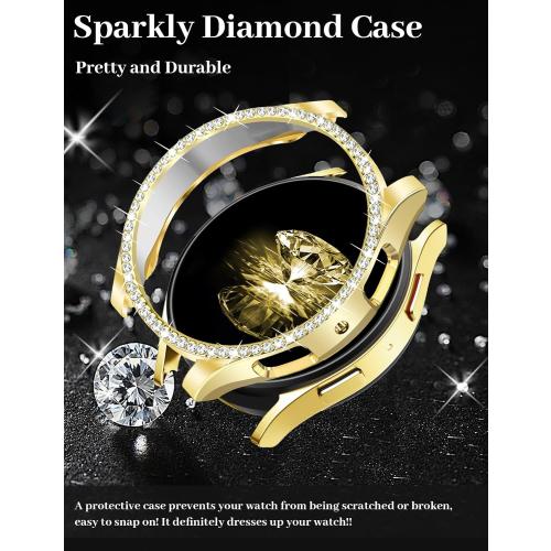JR.DM Diamond Bands with Bling Case Women ONLY Compatible with Samsung Galaxy Watch 7/6 40mm 44mm, 20mm watch band with Protective Cover Bumper Silver Gold Luxury Metal Bracelet Replacement Strap
