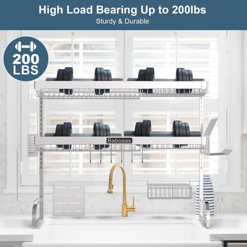 Over The Sink Dish Drying Rack,3 Tier Adjustable Length (25.5'' to 37.4'') Full Stainless Steel Large Storage Kitchen Dish Rack,For Kitchen Counter Expandable Multifunctional Organizers,Silver