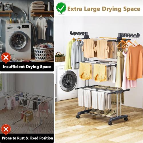 Upgraded 4-Tier Clothes Drying Rack, Drying Rack Clothing with Wheels | Large Foldable Laundry Drying Rack, Clothes Rack with Side Hooks for Indoor Outdoor Air Drying, 19.68D x 29.9W x 67.7H