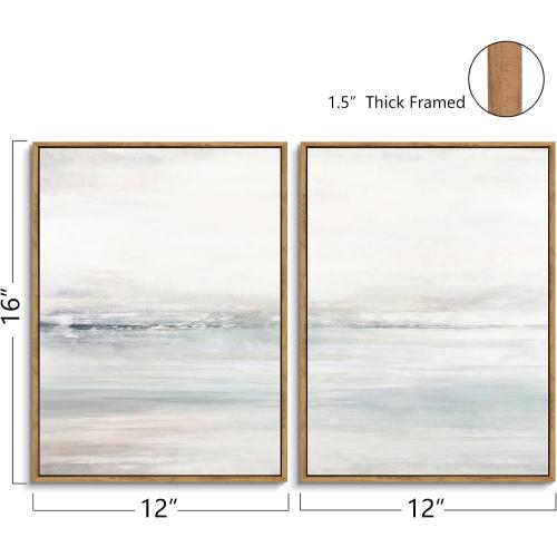 Gardenia Art Framed Wall Art Set Abstract Ocean Beach Canvas Wall Decor Nature Shore Horizon Pictures Modern Decorative Coastal Seascape Artwork for Bedroom Bathroom Home Office 12x16x2 Natural