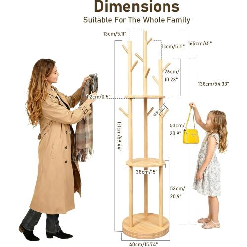 YYW Multifunctional Wood Coat Rack Stand With 9 Hooks And 3 Shelves