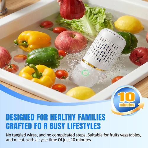 and Fruit Cleaner, Portable Capsule Fruit Vegetable Cleaner, Water Ion Tech, IPX7 Waterproof, Magnetic Charging 10-Min Auto Cycle for Home RV Meat Seafood Grain Cleaning (White)