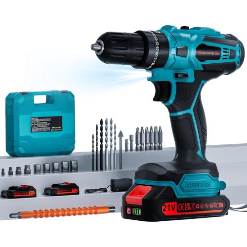 Cordless Drill with 2 Batteries and Charger, 21V Electric Drill Cordless, Portable Power drill Set, 3/8 Keyless Chuck, 2 Variable Speed, 25  3 Clutch, 398 In-lb Max Torque