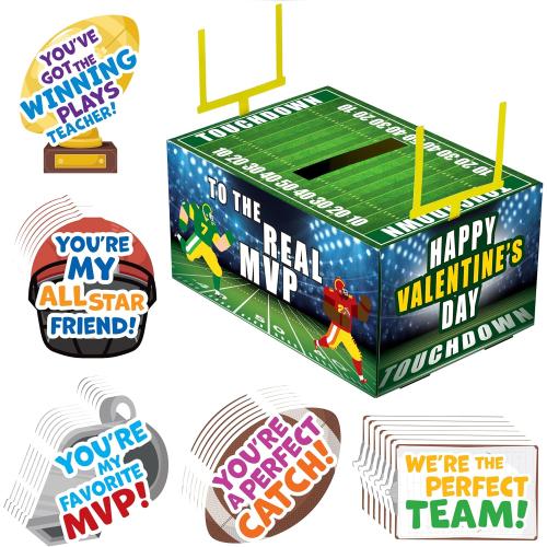 JOYIN Valentine Boxes Football Classroom Mailbox with Cards for Kids, Party Favor School Exchange Prizes with Teacher Card, 4 Designs, 29 Pcs