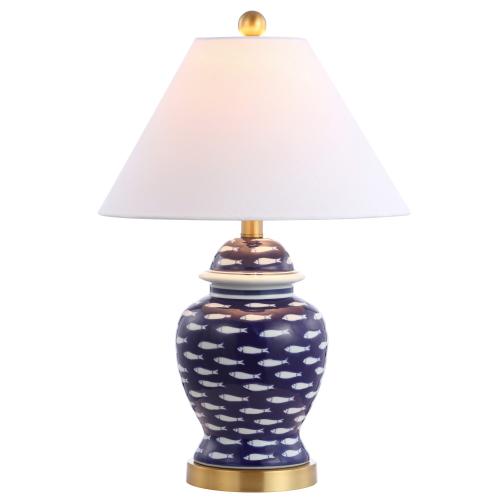JONATHAN  Y School of Fish Ginger Jar Ceramic/Metal Coastal 22-in Brass Gold LED Incandescent Rotary socket Table Lamp with Linen Shade