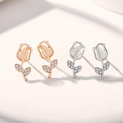 Sterling Silver White Chalcedony Tulip Flower Stud Earrings