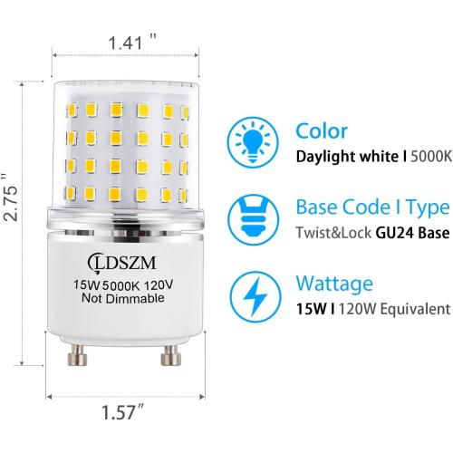 GU24 LED Light Bulb Bright 15W 2 prong light bulbs Non-Dimmable gu24 ceiling fan light bulbs,120 Watt Equivalent 1200lm 5000K Daylight, Squat GU24 LED Bulbs Replacing CFL Twist Light Bulb,4-Pack