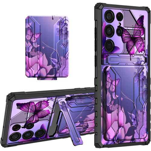 for Samsung Galaxy S24 Ultra Case Wallet Case with Credit Card Holder & Kickstand Dual Layer Hard PC Soft TPU Protective Cover for Galaxy S24 Ultra 6.8 inch - Pink Flowers Purple Butterflies