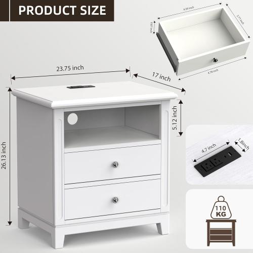 24 Wide Farmhouse Nightstand with Charging Station, Solid Wood End Table with 2 Large Drawers & Open Shelf, Bedside Table with USB Ports and Outlets, Side End Table for Bedroom 1 ? BROWN ‼️