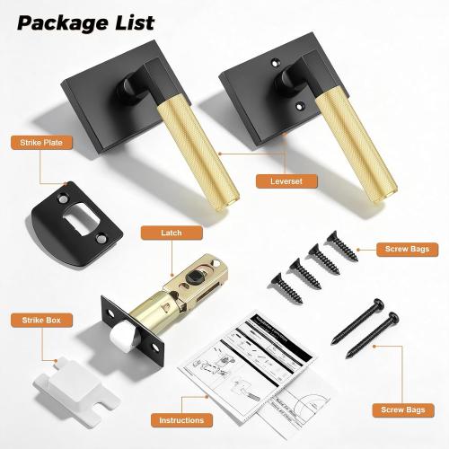 Probrico 2 Pack Brushed Gold Door Handles with Black Lever, Knurled Passage Door Handle for Hallway or Closet Door, Modern Interior Door Handle, Heavy Duty Keyless Lever for Left Right Handed Door