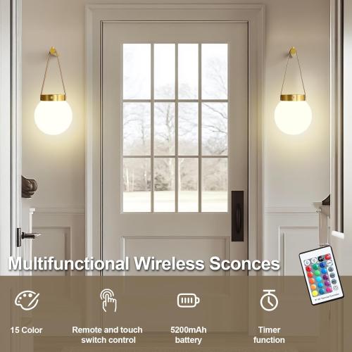 Battery Operated Wall Sconces Set of 2, Gold Wall Lamps for Bedroom with Remote Control Warm/Natural/Daylight/RGB 15 Colors Dimmable Rechargeable Wireless Globe Wall Lights Retro Living Room Hallway