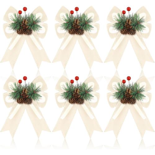 Syhood 6 Pcs Christmas Velvet Bow with Pine Cones Pine Needles Berries Xmas Champagne Ribbon Bow Ornaments 6.3 x 5.1 Inch for Christmas Tree Wreath Garden Fireplace Crafts DIY Decor