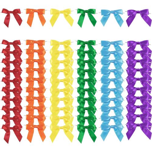 AIMUDI 6 Colors Rainbow Ribbon Twist Tie Bows 3.5 Premade Satin Ribbon Bows for Pride Day Pre-Tied Mini Bows for Crafts, Gift Wrapping, Baby Shower, Birthday, LGBT Party Favors - 60 Counts
