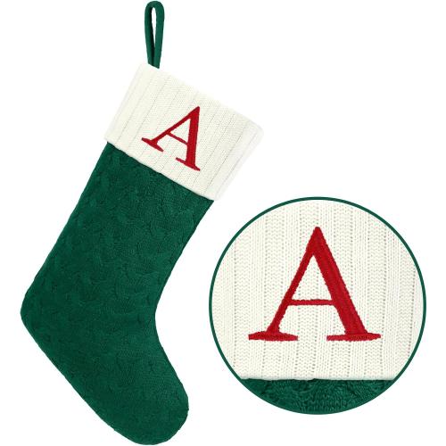Christmas Stockings with Initials,20 Inches Large Knit Embroidered Letter Green White Christmas Stocking,Monogram Christmas Stocking for Famliy Holiday and Xmas Tree Fireplace (Letter A)