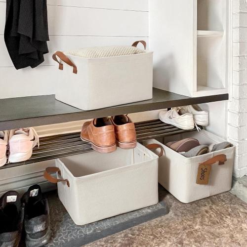 CHICVITA Storage Bins for Shelves, Closet Bins for Organization, Collapsible Storage Baskets for Towels, Rectangle Basket for Bedroom, 14 ¾ L x 10 ¼ W x 8 ¼ H, Beige, 2-Pack