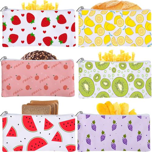 Chumia 6 Pack Reusable Snack Bags for Kids, Washable Sandwich & Food Storage Pouches, Dual-layer Silicone Lined Lunch Bags with Zipper for School & Travel(Fruit,6.9 x 3.7 Inches)