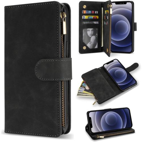 ZZXX for iPhone 12/12 Pro Wallet Case Zipper Pocket 6.1 inch,Black