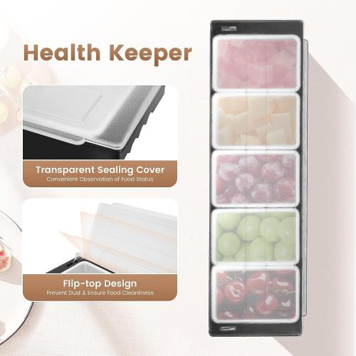 5 Compartment Condiment Serving Container, Fruit, Veggie & Condiment Caddy with Lid, Plastic Dispenser Tray Garnish Station for Bartending & Serving Taco, Ice Cream, Salad Bar, Black   White