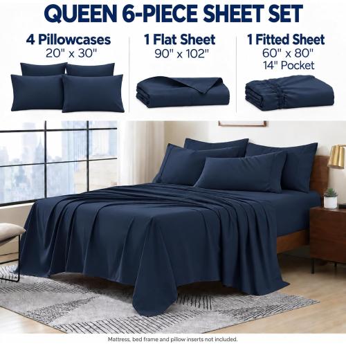 Swift Home Queen Ultra-Soft Brushed Microfiber 6-Piece Bed Sheet Sets, Extremely Durable - Easy Fit - Wrinkle Resistant - (Includes 2 Bonus Pillowcases), Queen, Navy