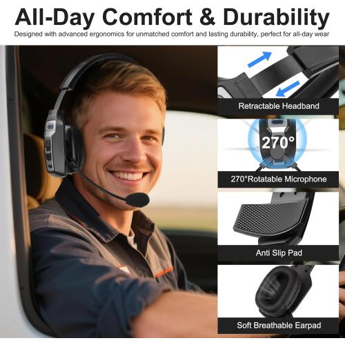 Bluetooth Headset for Truck Drivers, Single Ear Wireless Headphones with Mic Noise Cancelling, Mute Button, Hands-Free, 60H Playtime for Call Center, Office, Cell Phone