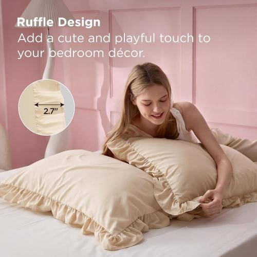 Bedsure Ruffle Pillow Cases Standard Size Set of 2, Beige Pillow Shams | 2.7 French Ruffles, Distressed Vintage Shams, Envelope Closure, Double-brushed Microfiber, 20 x 26, Wrinkle Fade Resistant