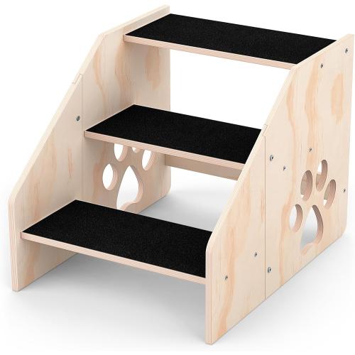 Dog Stairs, Wooden 3-Step Dog Ramp for Small Medium Large Older Cat, Puppy Essentials Pet Step Ladder for High Bed Couch Car