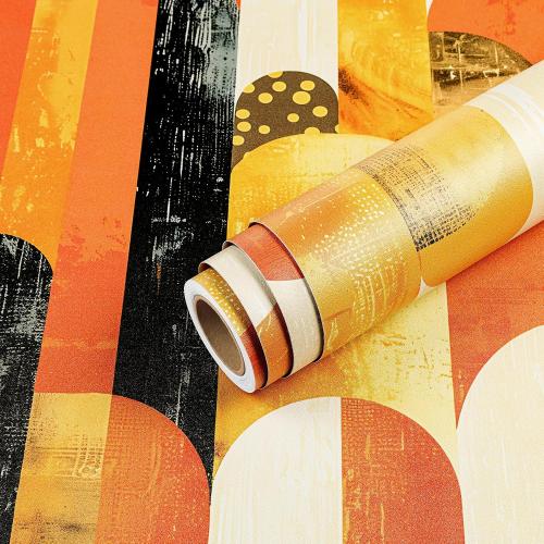 Livelynine 17.5x276 Bright Funky Peel and Stick Wallpaper Geometric Retro Orange Black Gold Yellow Wall Paper Renter Friendly Arched Vinyl Covering Watercolor Funky Pattern Contact Paper for Cabinets