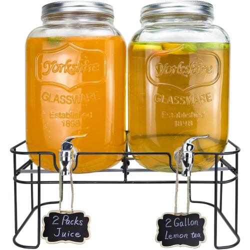 2 Gallon Larger Glass Drink Dispenser for Parties, 2 Packs Juice Lemonade Ice Tea Water Dispenser with Stand, HENABLE Beverage Dispensers with Spigot for BBQ, Picnic, Party