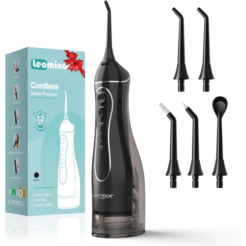 Leominor Water Flosser Pick for Teeth, 300ML Portable Oral Irrigator Upgraded Tank Removable,IPX7 Waterproof, Rechargeable Travel Teeth Cleaner, Professional Electric Flossing Machine (Black)