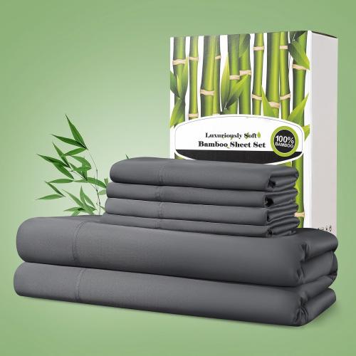 Shilucheng 100% Viscose Derived from Bamboo_ Sheets Set, Ultra Breathable Cooling Bed Sheets, 5-Star Hotel Quality Sheets, 16 Inch Deep Pocket - 6 Piece (Dark Grey, Queen)