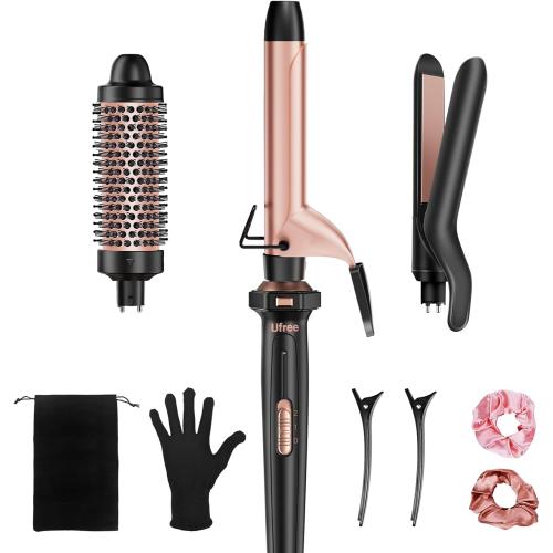 Ufree 3 in 1 Curling Iron, Curling Wand Set with Thermal Brush Flat Iron Hair Straightener, Dual Voltage Wand Curler, Instant Heat Up Hair Curler, Include Protective Glove 2 Clips, Gifts for Women