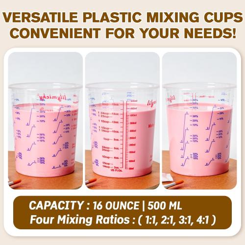 Lilymicky 16 oz Plastic Mixing Cups, 100 Pack 16 oz (500ml) Disposable Measuring Cups with 100 Wooden Mixing Sticks, Can Be Used for Epoxy Resin, Liquid Measuring, Paint, Cooking and Baking