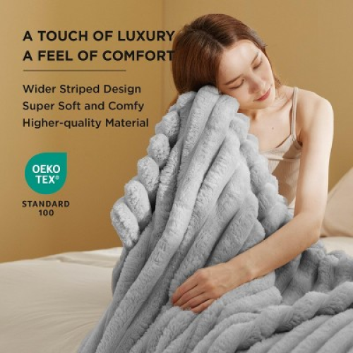 Bedsure Throw Fleece Blanket for Couch - Super Soft Cozy Blankets for Women, Cute Small Fleece Throws for Girls, Light Grey, 50x60 Inches, Wider Strip