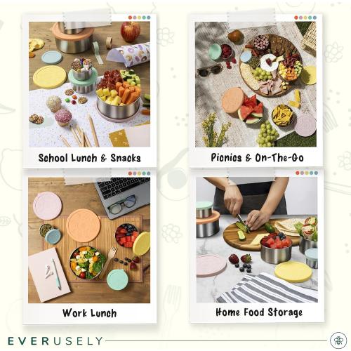 Everusely - Stainless Steel Containers with Lids - Set of 5, Bright Collection - Leakproof Stainless Steel Food Containers - Nesting Snack Holders - Metal Lunch Box - Portable & Reusable Meal Kit