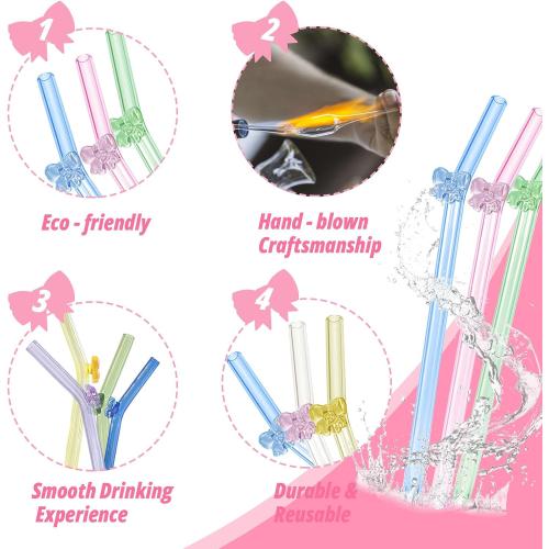 Cute Glass Straws with Charm,Reusable Bow Glass Straw with 1 Cleaning Brush
