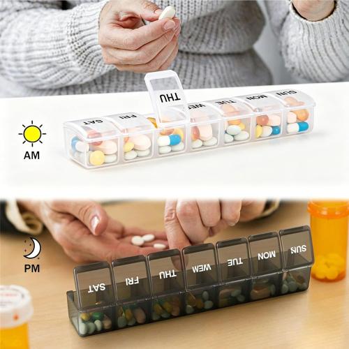 2 Pack Weekly Pill Organizer, Large 7 Day Travel Pill Case (White & Black)