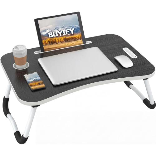 BUYIFY Foldable Lap Desk for Laptop & Writing - 23 inch Bed Tray Table with Cup Holder & Tablet Slot - Portable Notebook Stand for Eating, Sofa, Couch & WFH Students (Black)