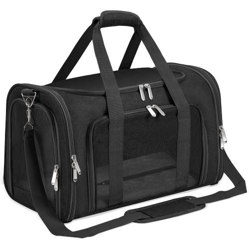 Soft-Sided Cat/Dog/Pet Carrier, Collapsible Pets Travel Carriers | For Big Cats/Small Dogs with Shoulder Strap & Removable Mat, Mesh Puppy Carry Bag, Up to 25 Lbs, TSA Airline Approved(Black)