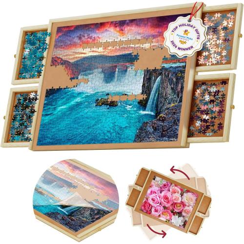 1000 Piece Rotating Puzzle Board with Drawers and Cover - 4 Drawers, Wooden Jigsaw Puzzle Table | 30” X 22”| Jigsaw Puzzle Board - Portable Puzzle Tables for Adults and Kids by Beyond Innoventions