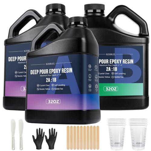 KISREL Deep Pour Epoxy Resin, 96OZ Resin Epoxy Kit (2:1) for 2-4 Inch Pour Depths，Bubble Free, Low Odour, Crystal Clear Casting Resin for Bar Tops, Table Tops, River Tables, Wood Fillers, Crafts