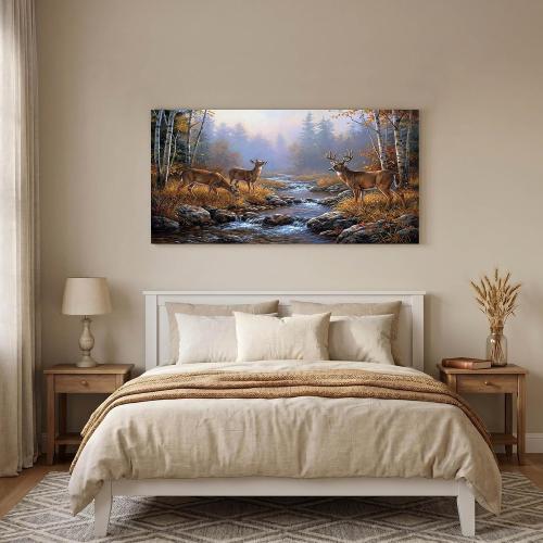 Ardakar Deer Wall Art Autumn Forest Canvas Print Wildlife Landscape Painting Framed Yellow Rustic Nature Animal Pictures for Cabin Living Room Bedroom Decor (Framed, 48 L x 24 W)