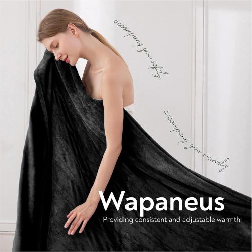 Wapaneus Foot Pocket Heated Blanket Electric Throw with 10 Heating Levels and 4 Timer Settings 4 Hours Auto Shut Off, Flannel Fast-Heating Heated Throw 50 x 60, Machine Washable, Black