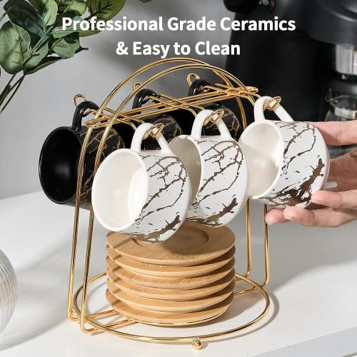LUKA Ceramic Espresso Cups with Saucers and Metal Stand