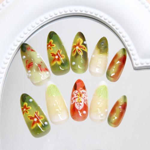 24Pcs Colorful Flowers Press on Nails Almond Medium Glossy Acrylic Fake Nails with 3D Pearl Design Glossy Green Flower False Nails Full Cover Artificial Nail Cute Stick on Nails for Women DIY