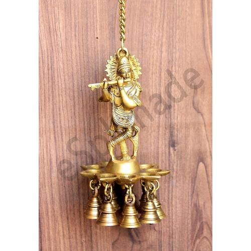 eSplanade - Krishna Wall Hanging Diya with Bells & Chain | Oil Lamp | Home Decor | Diya, Deepak, Deepam - Brass