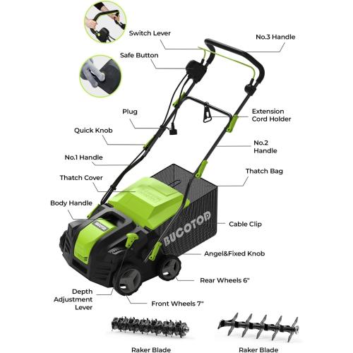 2-in-1 Dethatcher & 16-Inch Scarifier Electric Corded, 15 Amp Copper Motor, Electric Lawn Dethatcher with 5-Position Depth Adjustment, 14.5 gal Thatch Bag,Walk Behind for Yard Lawn Garden Care ‼️used‼️