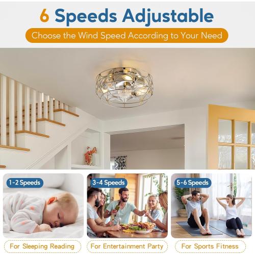 Nickel Caged Ceiling Fans with Lights and Remote,6 Speeds,12 inch Industrial Flush Mount Ceiling Fan with Light, Modern Bladeless Fan Lights Ceiling Fixtures for Kitchen, Bedroom,Indoor