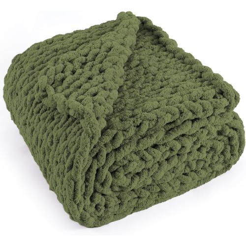 Size Large Color Green Chunky Knit Throw Blanket , 100% Handmade with Soft Chenille Yarn, 4.4lbs Thick Cable Knitted Blankets, Large Rope Knot Crochet Throws for Couch Sofa Bed Home Decor, Olive Green
