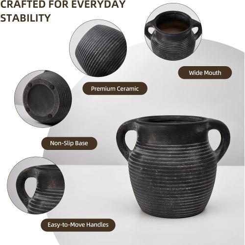 Rustic Utensil Holder for Kitchen Counter - Ceramic Farmhouse Cooking Utensil Crock & Organizer for Spatula, Spoon-Vintage Kitchen Decor (Charcoal)