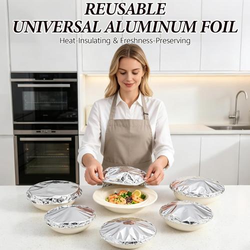 50 Reusable Aluminum Foil Food Covers, Home Dining Table & Food Container Aluminum Foil Heat-Retaining Cover, Universal Reusable Thermal Cover For Foods, Elastic Edges For Bowls & Plates（2box)
